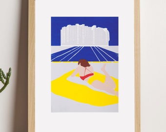 Berlin summer A5 screenprint – Hand-printed silkscreen – Woman by the pool
