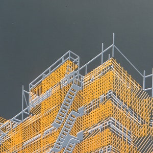 May include: A detailed illustration of a building under construction, with scaffolding and ladders in a geometric pattern. The scaffolding is made of white lines, and the building is filled with yellow lines.