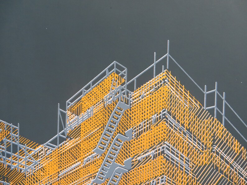 May include: A detailed illustration of a building under construction, with scaffolding and ladders in a geometric pattern. The scaffolding is made of white lines, and the building is filled with yellow lines.