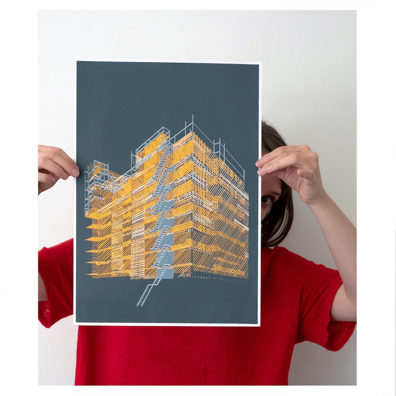 Orange scaffolding structure in front of a building, depicted in a bold three-color hand-pulled A3 screenprint.