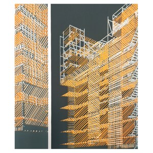 May include: Abstract geometric design with a black background and white and orange lines. The design resembles a building or structure.