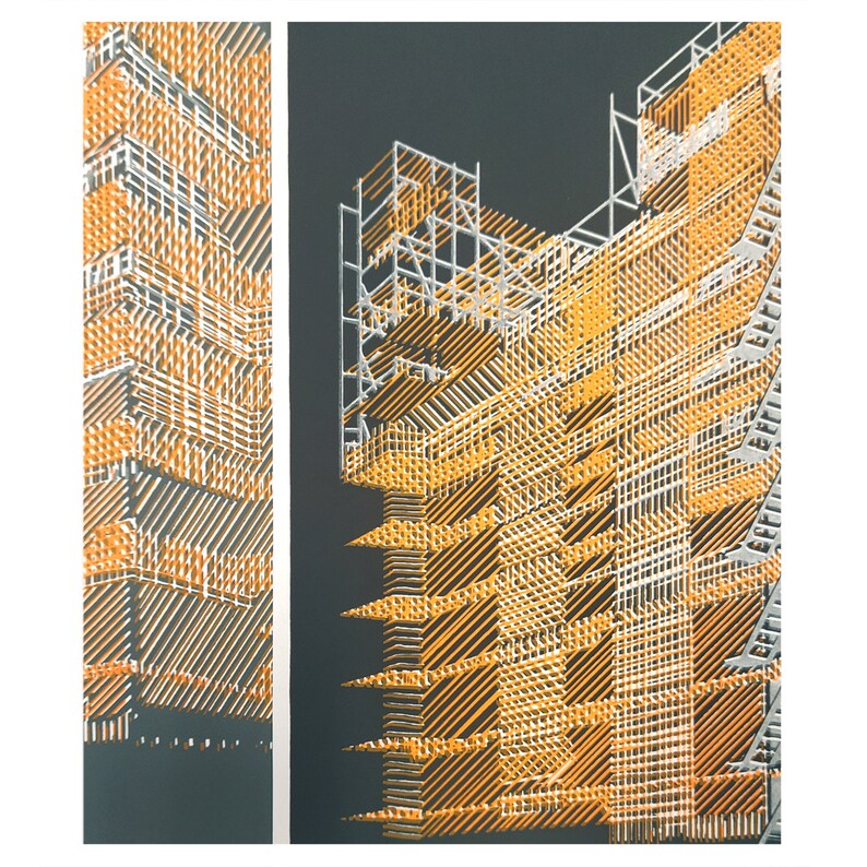 May include: Abstract geometric design with a black background and white and orange lines. The design resembles a building or structure.