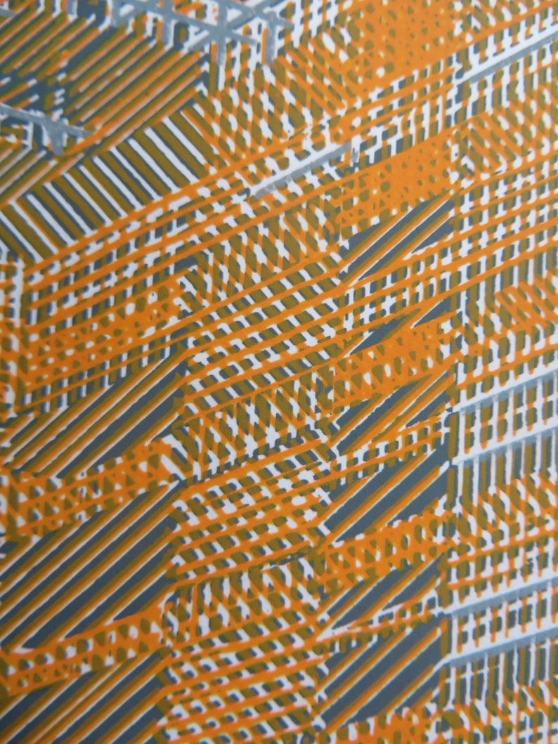 May include: Abstract geometric pattern with overlapping lines in orange, grey, and white.