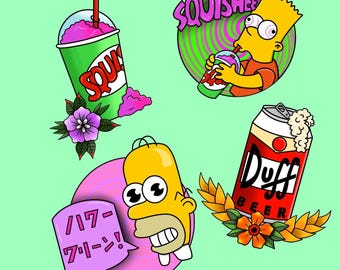 May include: Four cartoon stickers featuring a yellow character with blue eyes, a green and pink slushie, a can of Duff Beer, and a yellow character with blue eyes drinking a red slushie with the word "Squishee" in a green and pink swirl.