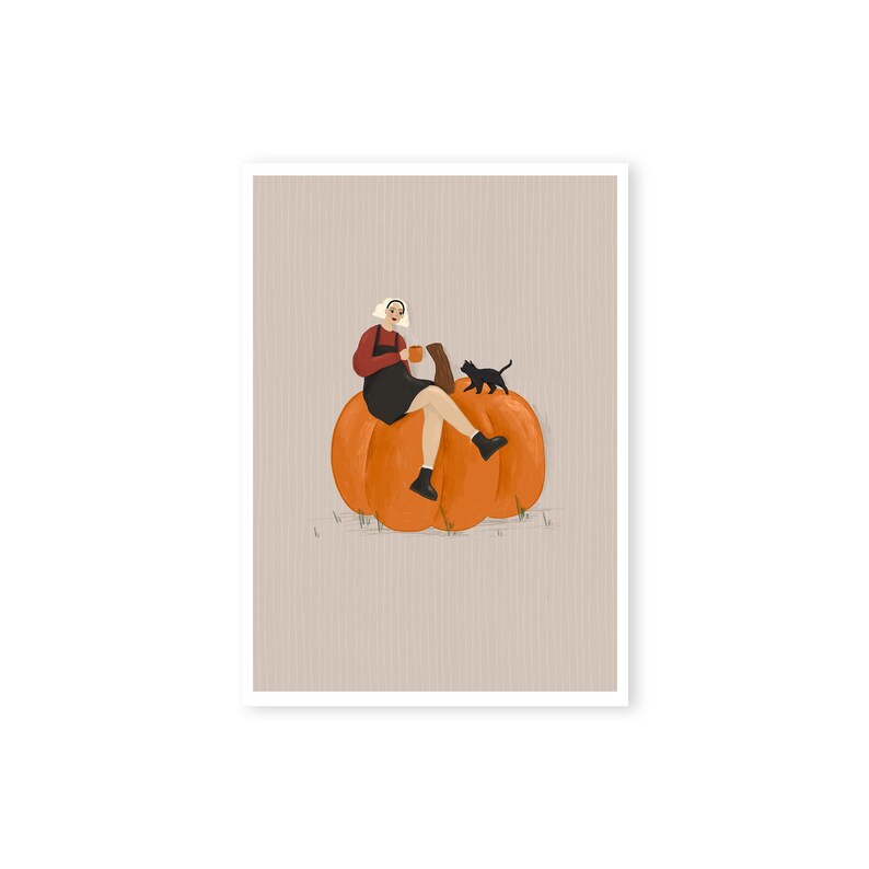 Sabrina and Salem Halloween pumpkin Illustration, Digital Print, image 1