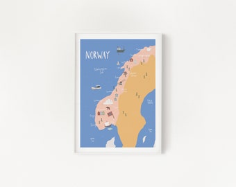 Norway Illustrated map print, digital illustration