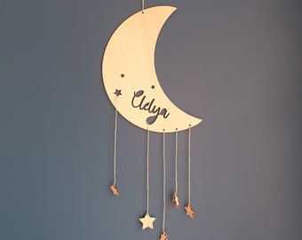 Decoration baby room, child, customizable name, Moon Wood, Gift Birth