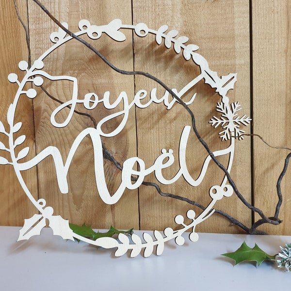 Couronne de Noël, "Joyeux Noël" en bois, 30cm dia, Cadeaux de noël