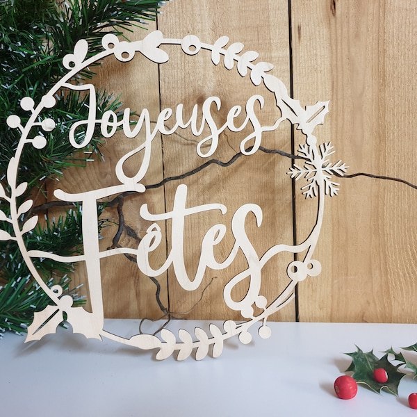 Couronne de Noël, "Joyeuses Fêtes" en bois, 30cm dia, Cadeaux de noël