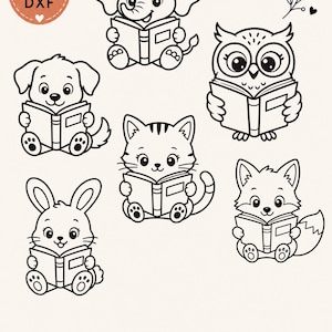 Puede incluir: Una colección de ilustraciones de arte lineal en blanco y negro que muestran un elefante, un perro, un búho, un gato, un conejo y un zorro, cada uno sosteniendo un libro abierto. Una insignia circular en la esquina superior izquierda contiene el texto SVG, PNG y DXF.