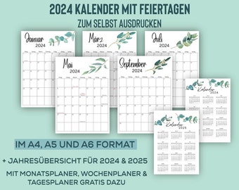 Calendrier des mois 2024 PDF, Kalender mit Feiertagen, Kalender zum Ausdrucken, A4, A5, A6, PDF, Jahresplaner 2024, mit Jahresübersicht