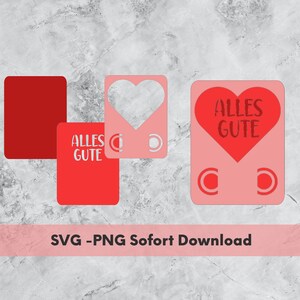 K&ouml;nnte beinhalten: Drei rote und rosafarbene Karten mit Herzform und dem Text "Alles Gute" in Wei&szlig;. Die Karten sind f&uuml;r ein Bastelprojekt und k&ouml;nnen zum Scrapbooking, Kartenbasteln oder anderen Papierarbeiten verwendet werden.