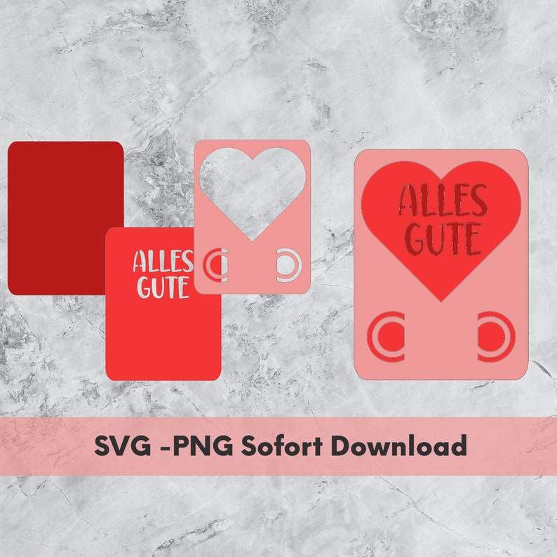 K&ouml;nnte beinhalten: Drei rote und rosafarbene Karten mit Herzform und dem Text "Alles Gute" in Wei&szlig;. Die Karten sind f&uuml;r ein Bastelprojekt und k&ouml;nnen zum Scrapbooking, Kartenbasteln oder anderen Papierarbeiten verwendet werden.