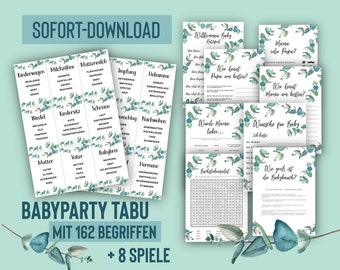 Babypartyspiele Set auf Deutsch, 9 Spiele, Babyshower Tabu mit 162 Begriffen, Spiele im A4 und A5 Format, zum selbst ausdrucken