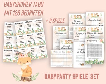 Babypartyspiele Set auf Deutsch, 10 Spiele, Babyshower Tabu mit 126 Begriffen, Spiele im A4 und A5 Format, zum selbst ausdrucken