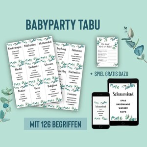 Babyparty Tabu auf Deutsch, Babyshower Tabu, Begriffe raten, TABU spiel mit 126 Begriffen, PDF als Sofort download, A4