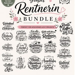 May include: A digital collection of 35 black and pink graphic designs featuring German text related to retirement, including phrases like Grobes Rentnerin BUNDLE, Rentenmodus, and Dauerurlaub Rente 2026, decorated with floral, palm tree, and heart icons.