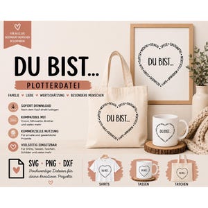 Może przedstawiać: Zestaw plików cyfrowych z tekstem DU BIST... w kształcie serca utworzonym z niemieckich słów. Projekt jest widoczny na płóciennej torbie, białym ceramicznym kubku i białej koszulce, z wymienionymi formatami plików SVG, PNG oraz DXF.