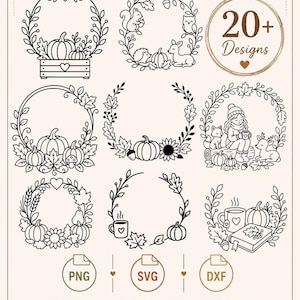 Peut inclure: Une collection de plus de 20 motifs en noir et blanc représentant des couronnes sur le thème de l'automne avec des citrouilles, des animaux des bois, du feuillage et des éléments douillets. Inclut les étiquettes PNG, SVG, DXF, Cricut, Silhouette, Laser et Sublimation.