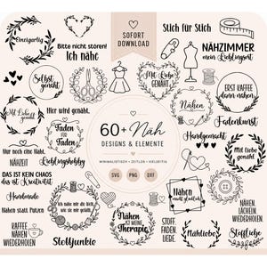 60+ Näh Designs Elemente | Plotterdatei Nähen SVG PNG DXF | Nähliebe Bundle | Cricut & Silhouette
