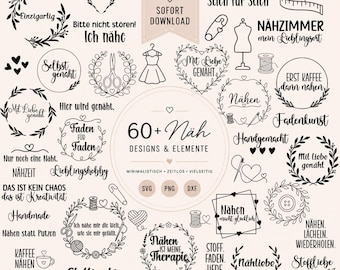 Plotterdatei Nähen Bundle | 60+ Näh Designs & Elemente | SVG PNG DXF | Nähliebe | Cricut Silhouette | Plotterdatei
