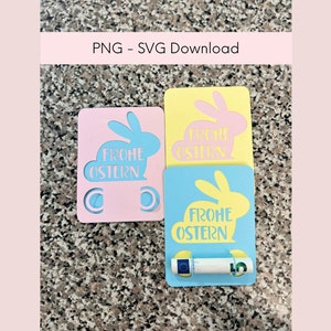 May include: Three Easter card templates featuring a bunny silhouette with the text "Frohe Ostern" (Happy Easter) in German. The cards are in pink, yellow, and blue.