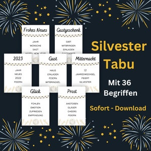 Silvester Tabu Spiel, Neujahr Tabu Spiel, Sofort Download zum ausdrucken, 36 Karten, Spiel für die Familie, Zeitvertreib bis Mitternacht