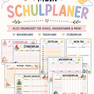 Può includere: Un set di pianificatori scolastici con diverse pagine stampabili in colori pastello e illustrazioni di materiale scolastico. Il testo include MEIN SCHULPLANER, ALLES ORGANISIERT FÜR SCHULE, HAUSAUFGABEN & MEHR, WOCHENPLANER, TAGESPLANER, STUNDENPLAN, ZEITPLAN, MEIN TAG e AUFGABENPLAN.