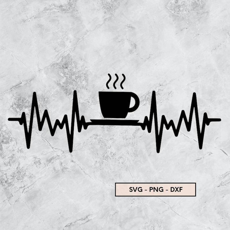 Puede incluir: Gr&aacute;fico en blanco y negro de una taza de caf&eacute; con vapor saliendo de ella, colocada encima de una l&iacute;nea de latido del coraz&oacute;n. El texto "SVG - PNG - DXF" est&aacute; debajo de la imagen.