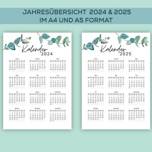 Jahreskalender 2024 und 2025, Kalender zum Ausdrucken, Jahresübersicht, A4 Format, A5, PDF