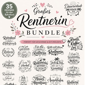 Puede incluir: Una colección digital de 35 diseños gráficos en negro y rosa con texto en alemán sobre la jubilación. El título central dice Grobes Rentnerin BUNDLE, rodeado de varias frases, detalles florales, corazones, palmeras e iconos de viaje.