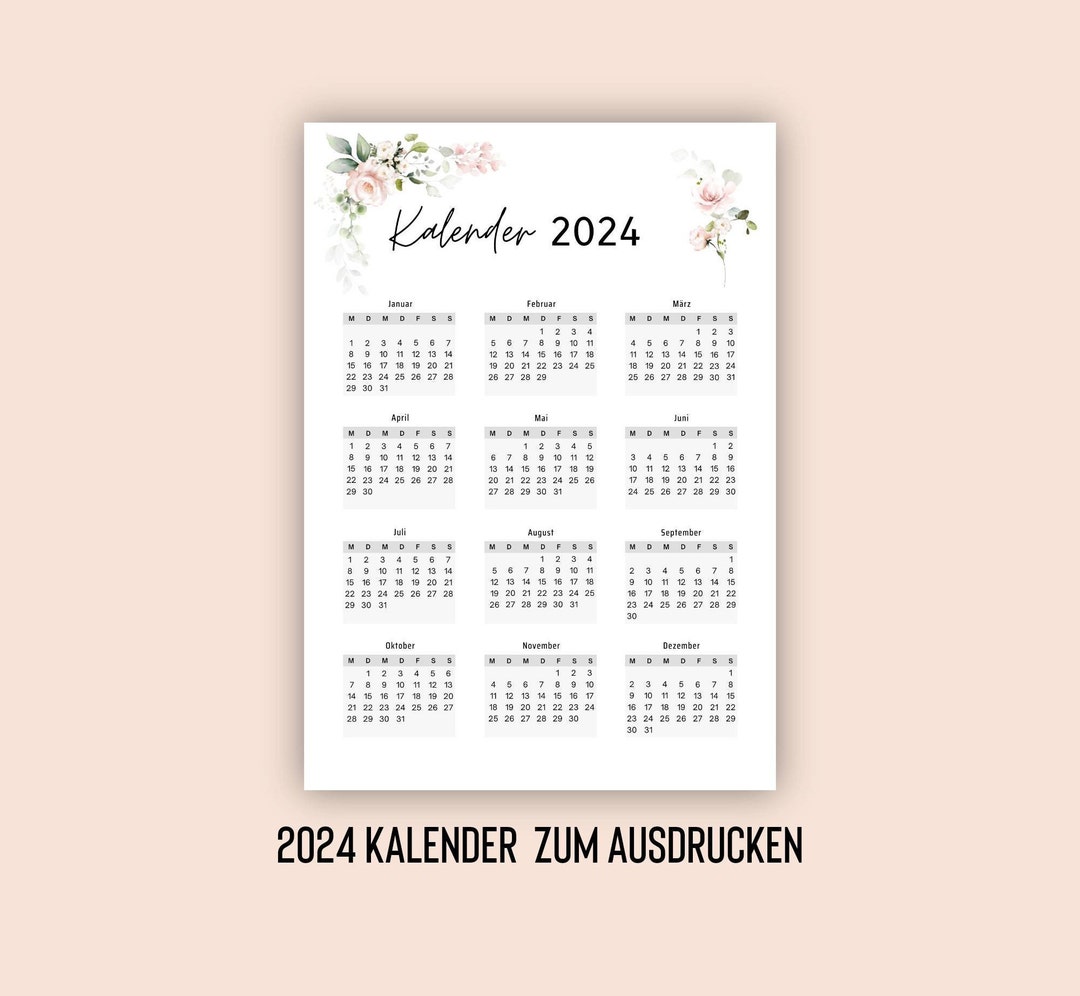 2024 Kalender, Sofort-Download, Wandkalender, Kalenderübersicht zum 