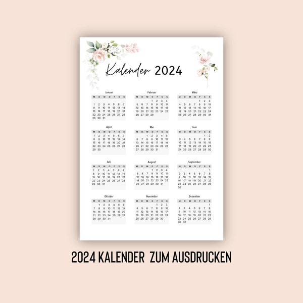 2024 Kalender, Sofort-Download, Wandkalender, Kalenderübersicht zum selbst audrucken