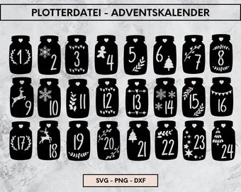 Adventskalender Plotterdatei, Weihnachten Plotter File, SVG, PNG, DXF, 1-24, Adventskalenderzahlen