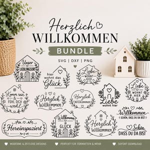 Op de afbeelding: Een digitaal ontwerp-pakket met diverse zwarte lijntekeningen met Duitse tekst, waaronder Herzlich Willkommen, Liebe wohnt hier en Hereinspaziert. De collectie bevat huisvormen, bloemenkransen en hartmotieven voor SVG-, DXF- en PNG-bestanden.