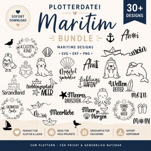 Op de afbeelding: Een digitale collectie van meer dan 30 maritieme grafische ontwerpen in zwarte inkt op een lichte achtergrond. De set bevat illustraties van ankers, zeilboten, zeedieren en nautische teksten zoals Moin, Meerliebe en Küstenkind.