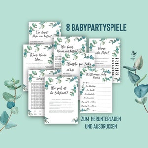 8 Babyparty Spiele zum Ausdrucken, Babypartyspiele auf Deutsch, Babyshowerspiele im A4 und A5 Format