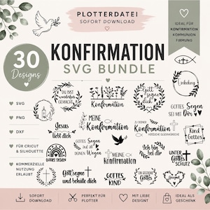 Peut inclure: Un ensemble numérique de 30 designs SVG pour la confirmation, la communion et les événements religieux. Le graphique présente du texte et des illustrations noirs, notamment des croix, des colombes, des cœurs et des couronnes florales.
