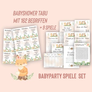 Babypartyspiele Set auf Deutsch, 10 Spiele, Babyshower Tabu mit 126 Begriffen, Spiele im A4 und A5 Format, zum selbst ausdrucken