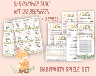 Babypartyspiele Set auf Deutsch, 10 Spiele, Babyshower Tabu mit 126 Begriffen, Spiele im A4 und A5 Format, zum selbst ausdrucken
