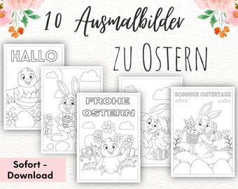 10 Ausmalbilder zu Ostern als Sofort Download, Frohe Ostern, Ostern Malvorlagen, Beschäftigung für Kinder