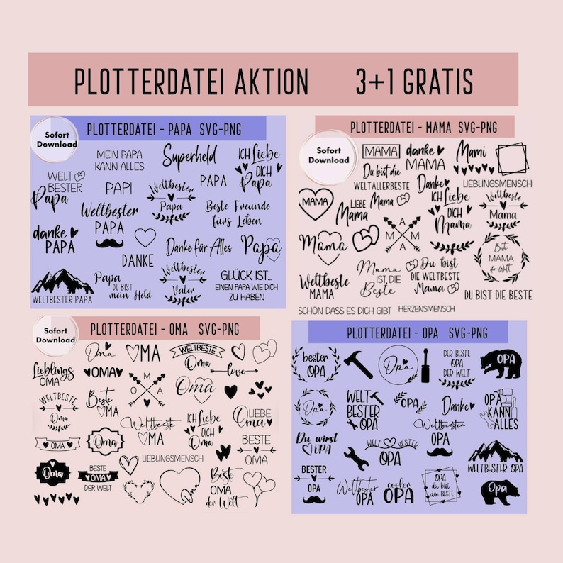 May include: A digital download of SVG files for crafting projects. The files feature various designs with the words "Papa", "Mama", "Oma", and "Opa" in German. The designs include hearts, mountains, and other illustrations.