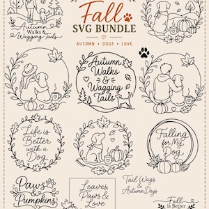 May include: A digital design collection featuring black line art illustrations of dogs, people, pumpkins, and autumn leaves. Text includes "Dog Lover Fall SVG Bundle," "Autumn Walks & Wagging Tails," "Life is Better with a Dog," "Falling for My Dog," "Paws & Pumpkins," "Leaves, Paws & Love," "Tail Wags & Autumn Days," and "Fall is Better with Dogs."