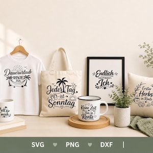 May include: A white t-shirt, a canvas tote bag, two white mugs, a framed print, and a throw pillow, all featuring black text and graphics related to retirement. The items display phrases like Dauerurlaub Rente 2026, Jeder Tag ist Sonntag, Endlich Hauptberuf Ich, Keine Zeit Bin in Rente, Zeit f&uuml;r mich, and Erster Herbst in Rente.