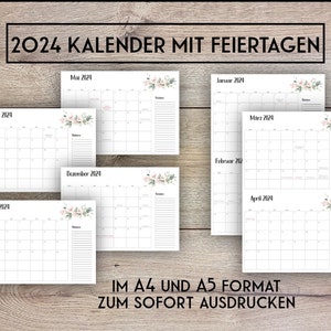 Jahreskalender 2024 PDF, Kalender mit Feiertagen, Kalender zum Ausdrucken, A4 und A5 Format, PDF, Jahresplaner 2024