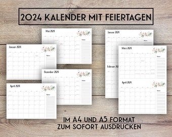 Jahreskalender 2024 PDF, Kalender mit Feiertagen, Kalender zum Ausdrucken, A4 Format, PDF, Jahresplaner 2024