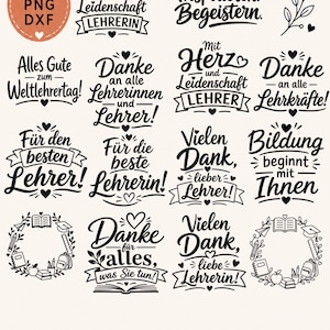 Op de afbeelding: Een verzameling zwarte digitale grafische ontwerpen met Duitse tekst over leraren, waaronder zinnen zoals 'Danke an alle Lehrkräfte' en 'Für den besten Lehrer', samen met decoratieve elementen zoals hartjes, boeken en schoolspullen.