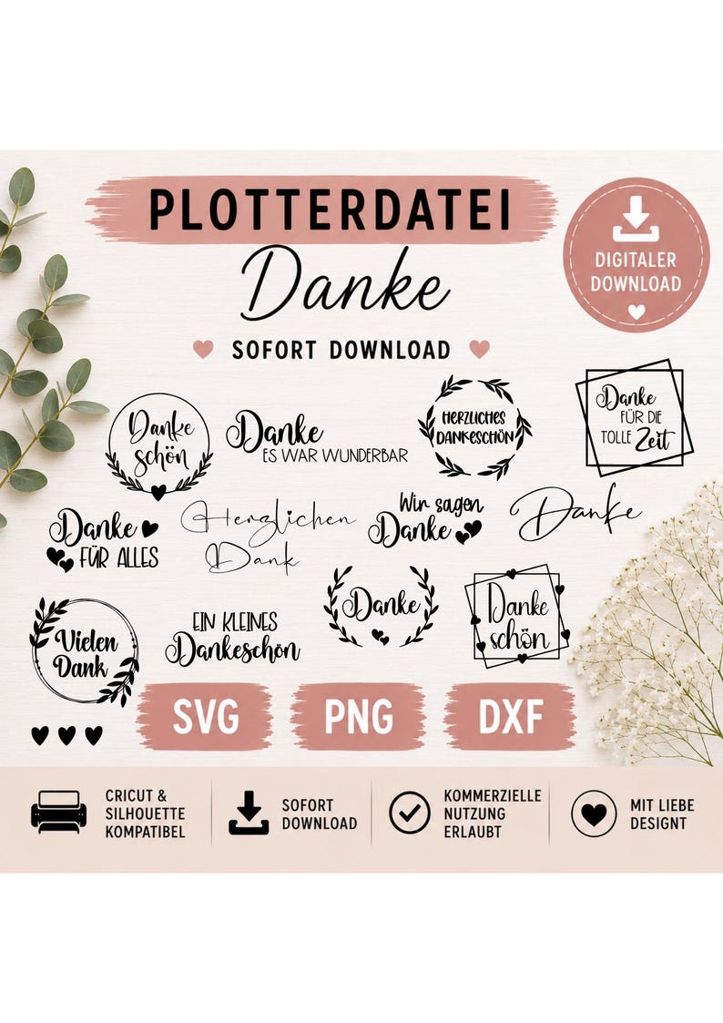 May include: A digital download file set featuring various black typographic designs with the word Danke and other German phrases. The collection includes circular, square, and script-style text elements, along with SVG, PNG, and DXF file labels.