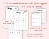 Jahreskalender 2025, Kalender zum Ausdrucken, A4 Format, PDF, Jahresplaner 2024, Wochen und Monatsplaner als Geschenk gratis dazu