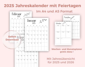 Jahreskalender 2025, Kalender zum Ausdrucken, A4 Format, PDF, Jahresplaner 2024, Wochen und Monatsplaner als Geschenk gratis dazu